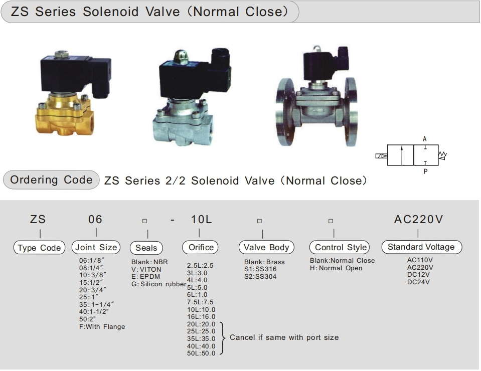 Zs Series 2/2 Normal Close Solenoid Valve High Temperature Solenoid Valve