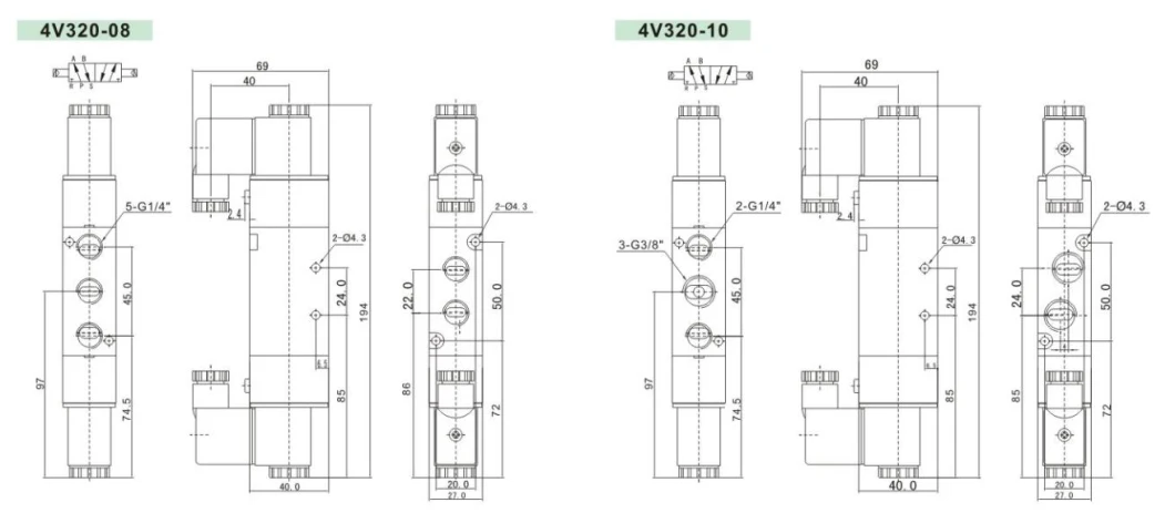 4V300 Series Airtac Type Two Positon Five Way Pneumatic Solenoid Valves 24V 220V